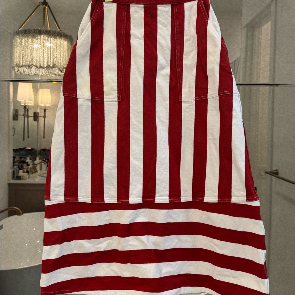 RHODE Red and White A-Line Midi Skirt Cabana Stripe